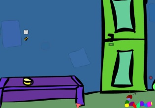 The living room has a green door in Cartoon Worm Escape.
