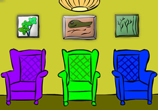 Toonish chairs are lined up against a wall in 3 Cartoon Chairs Room game.