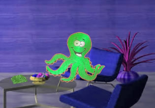 The green octopus happily rests on a chair before escaping in Greeny Octo Escape game.