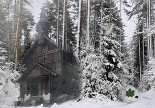 An eerie log cabin stands in the middle of the woods in Winter Forest Escape 4 game.