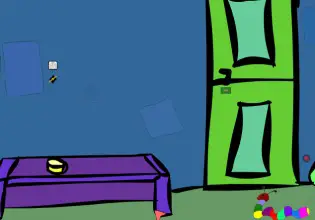 The living room has a green door in Cartoon Worm Escape.