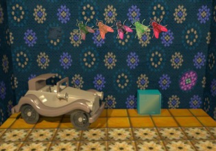 An old jalopy sits inside a brightly decorated room in Escape Fan-Closed Doors game.