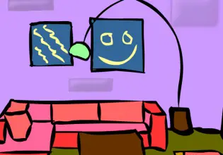 There's a brightly colored couch in Little Cartoon Room Escape game.