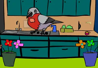 A bird perchees at the kitchen countertop in Retro Crystals Escape game.