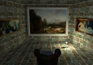 Paintings hung on the stone wall in Stone Basement Escape game.