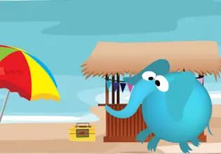 A blue elephant is managing the beautiful beach in Golden Sand Beach Escape game.