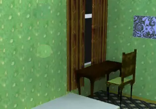 The green wallpaper looks unsettling with the brown curtains in Mini House Escape game.