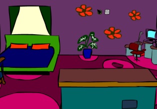 A dark colored bedroom lacks sunshine in Flowers Room Escape game.